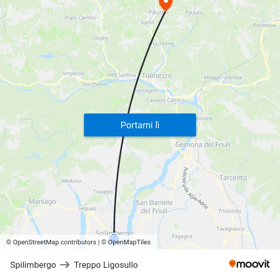 Spilimbergo to Treppo Ligosullo map