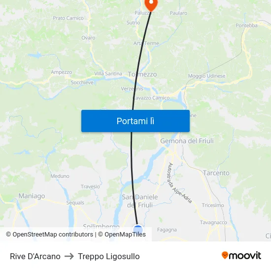 Rive D'Arcano to Treppo Ligosullo map