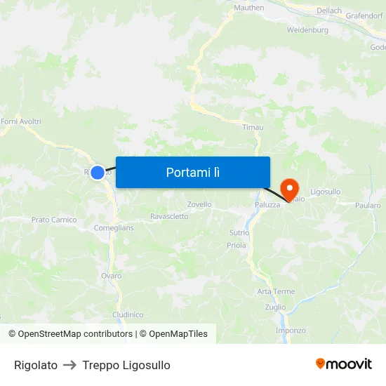 Rigolato to Treppo Ligosullo map