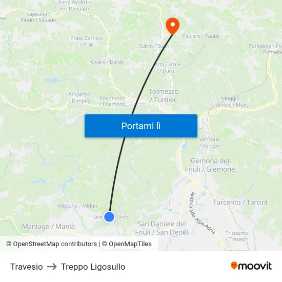 Travesio to Treppo Ligosullo map