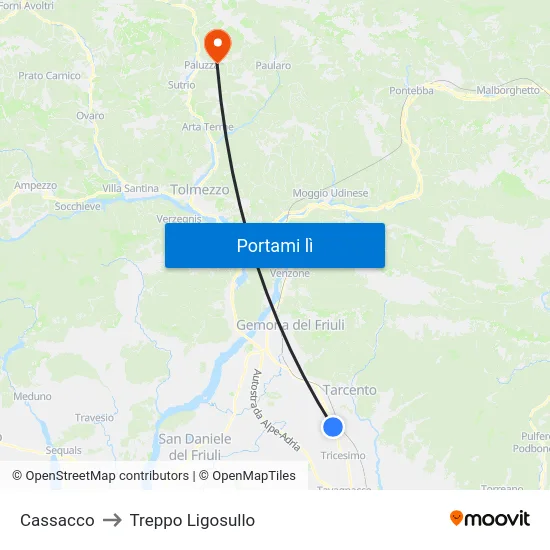 Cassacco to Treppo Ligosullo map
