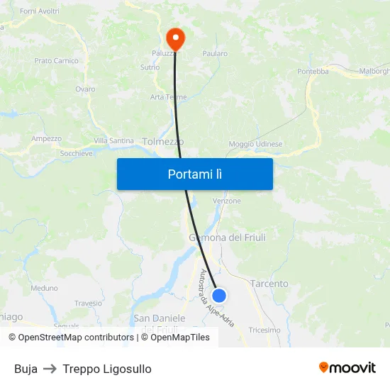 Buja to Treppo Ligosullo map