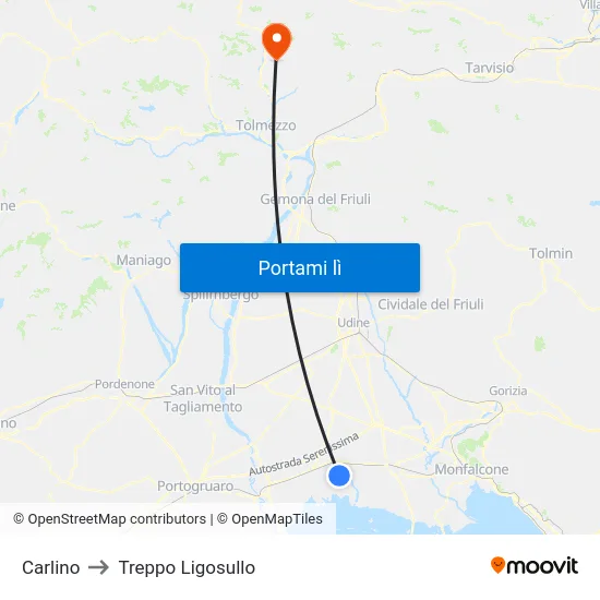 Carlino to Treppo Ligosullo map
