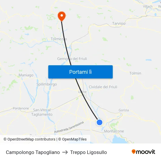 Campolongo Tapogliano to Treppo Ligosullo map