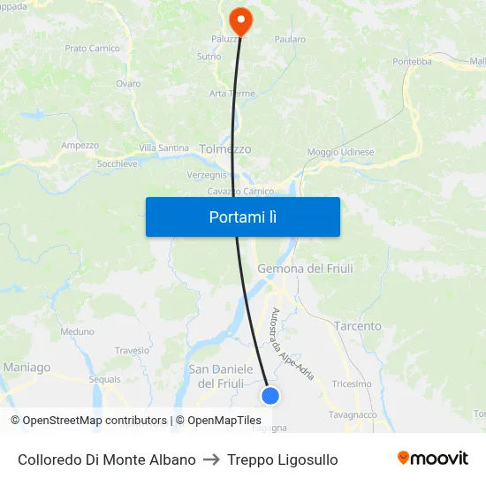 Colloredo Di Monte Albano to Treppo Ligosullo map