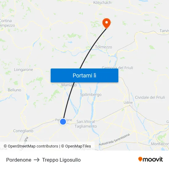 Pordenone to Treppo Ligosullo map