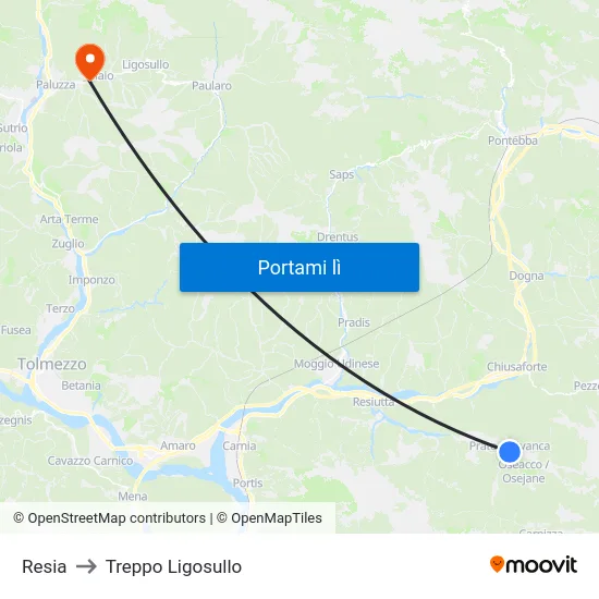 Resia to Treppo Ligosullo map