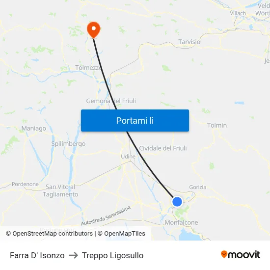 Farra D' Isonzo to Treppo Ligosullo map