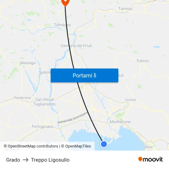 Grado to Treppo Ligosullo map