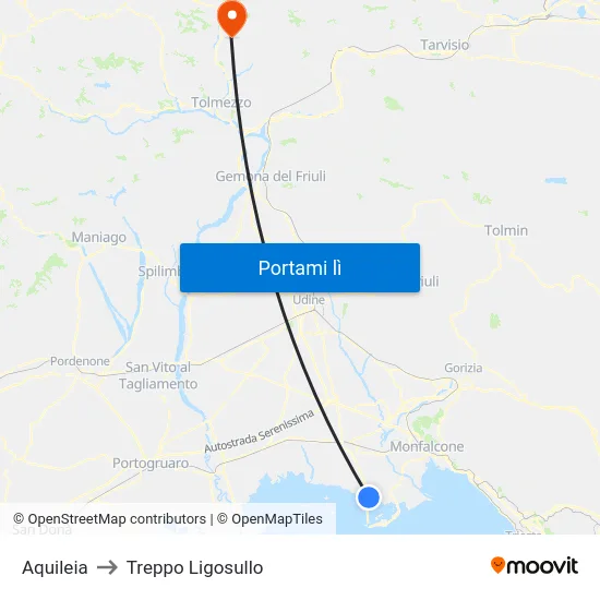 Aquileia to Treppo Ligosullo map