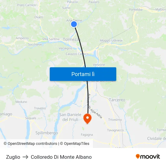 Zuglio to Colloredo Di Monte Albano map