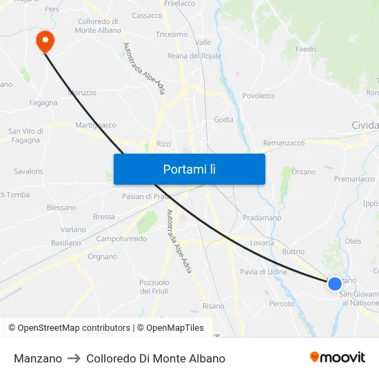 Manzano to Colloredo Di Monte Albano map
