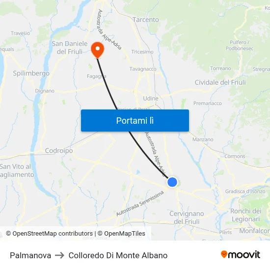 Palmanova to Colloredo Di Monte Albano map