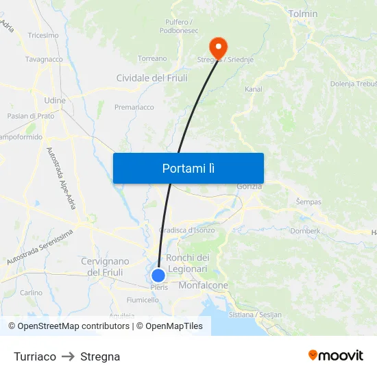 Turriaco to Stregna map