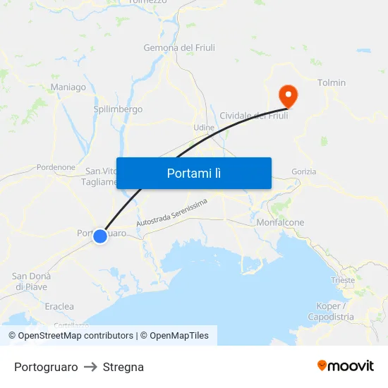 Portogruaro to Stregna map