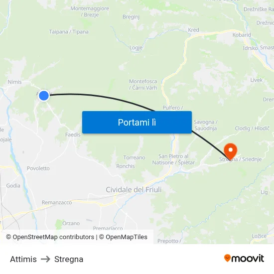 Attimis to Stregna map