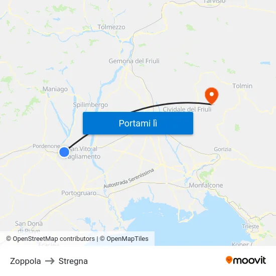 Zoppola to Stregna map