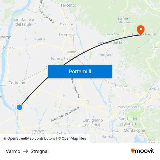 Varmo to Stregna map