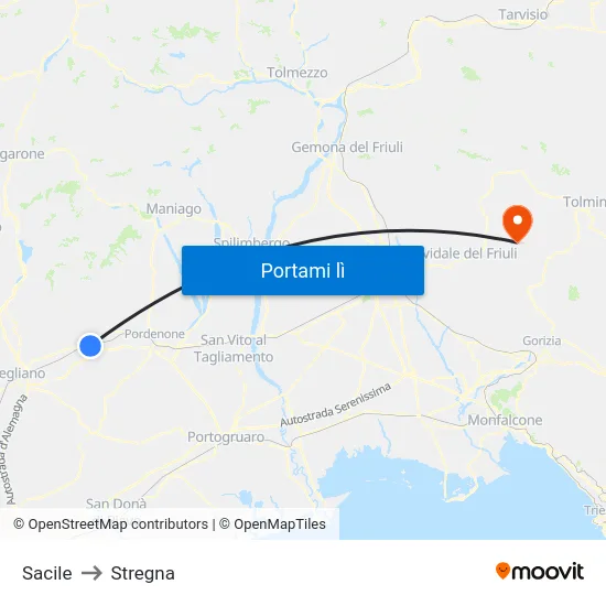 Sacile to Stregna map