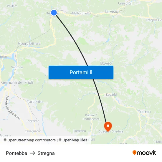 Pontebba to Stregna map