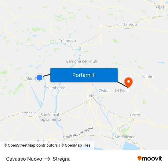 Cavasso Nuovo to Stregna map