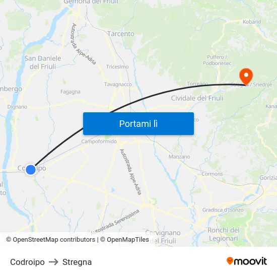 Codroipo to Stregna map
