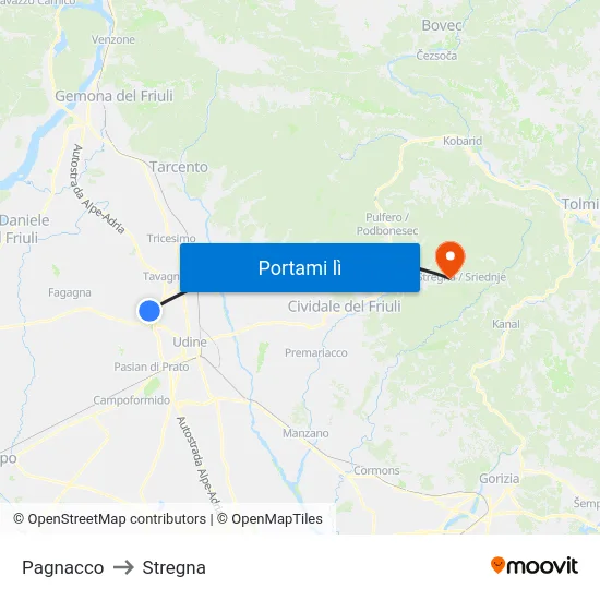 Pagnacco to Stregna map