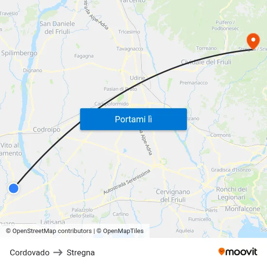 Cordovado to Stregna map