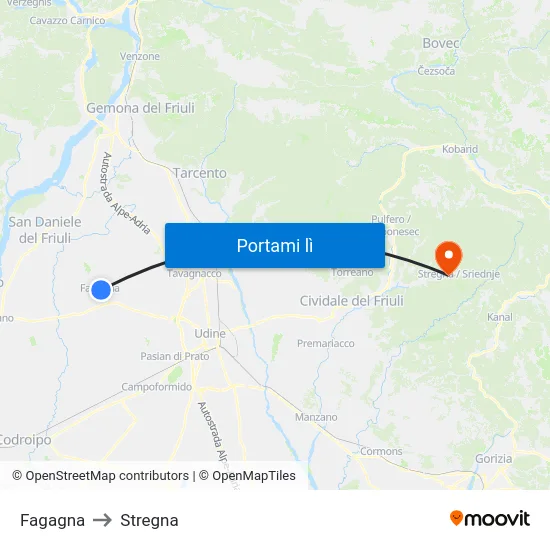 Fagagna to Stregna map