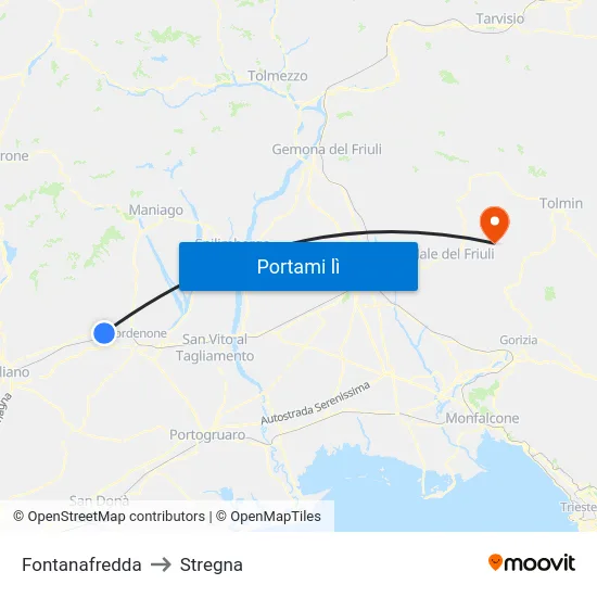 Fontanafredda to Stregna map