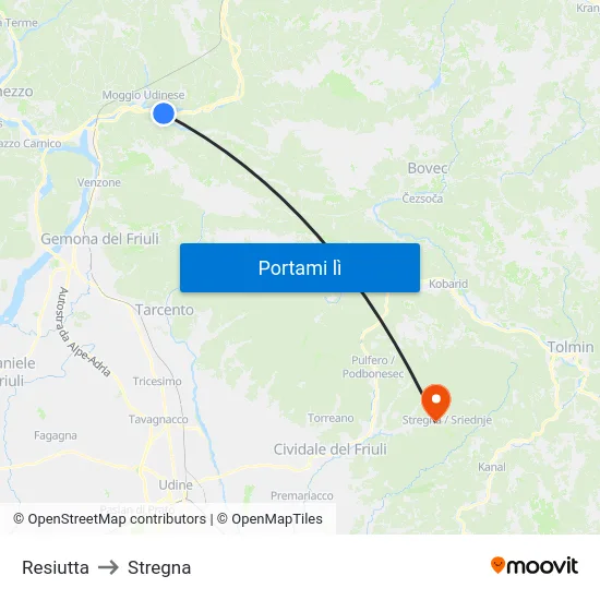 Resiutta to Stregna map