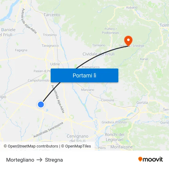 Mortegliano to Stregna map