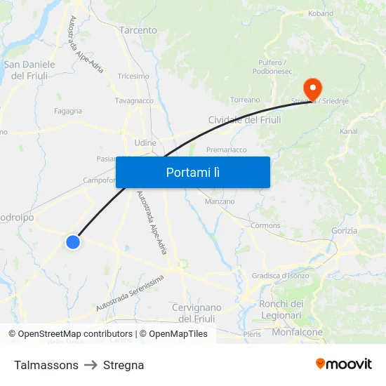 Talmassons to Stregna map