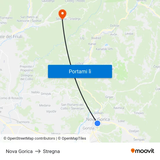 Nova Gorica to Stregna map
