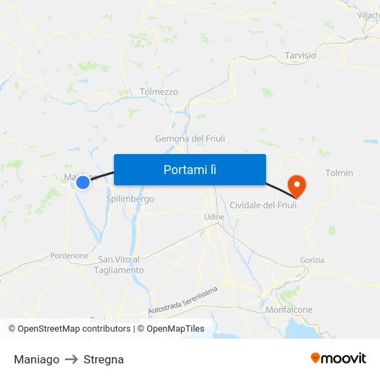 Maniago to Stregna map