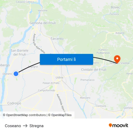 Coseano to Stregna map