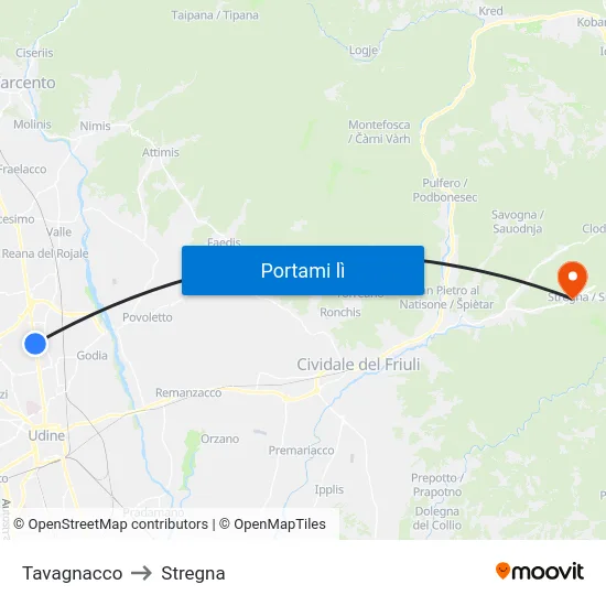 Tavagnacco to Stregna map