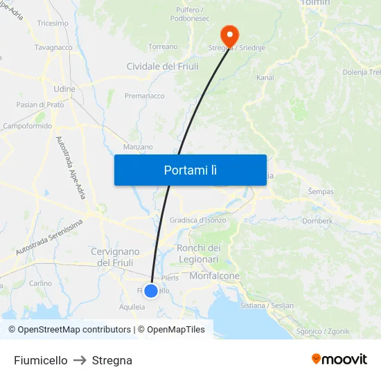 Fiumicello to Stregna map