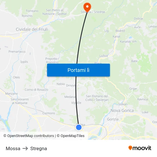 Mossa to Stregna map