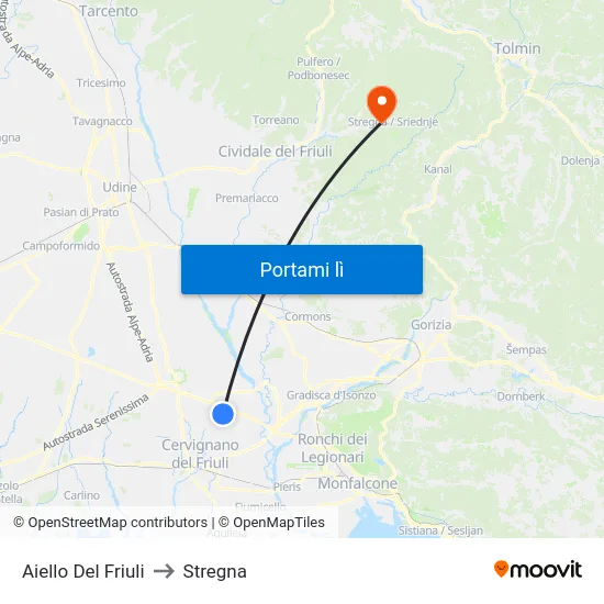 Aiello Del Friuli to Stregna map