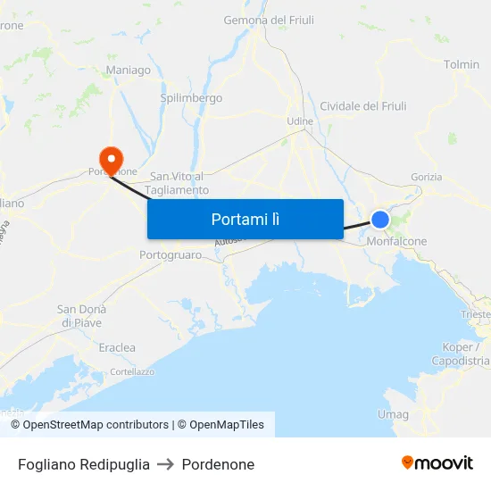 Fogliano Redipuglia to Pordenone map