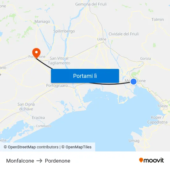 Monfalcone to Pordenone map