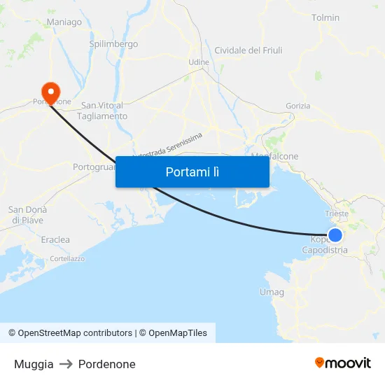 Muggia to Pordenone map