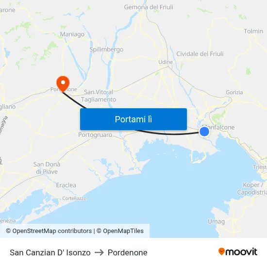 San Canzian D' Isonzo to Pordenone map