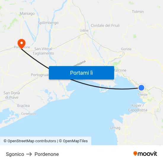 Sgonico to Pordenone map