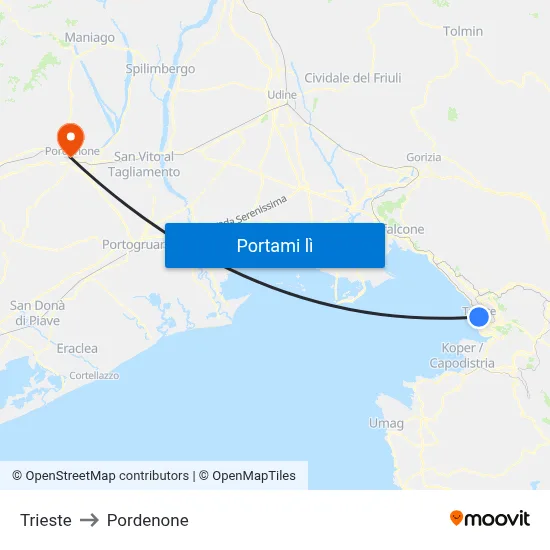 Trieste to Pordenone map