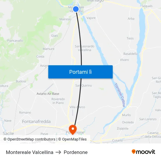 Montereale Valcellina to Pordenone map