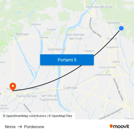 Nimis to Pordenone map