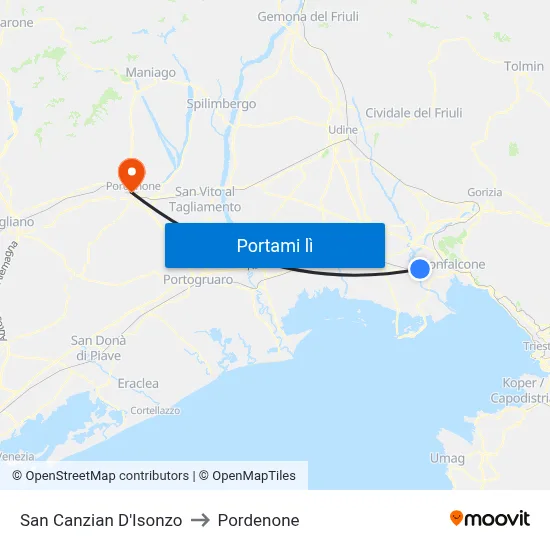 San Canzian D'Isonzo to Pordenone map