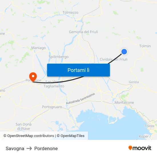 Savogna to Pordenone map